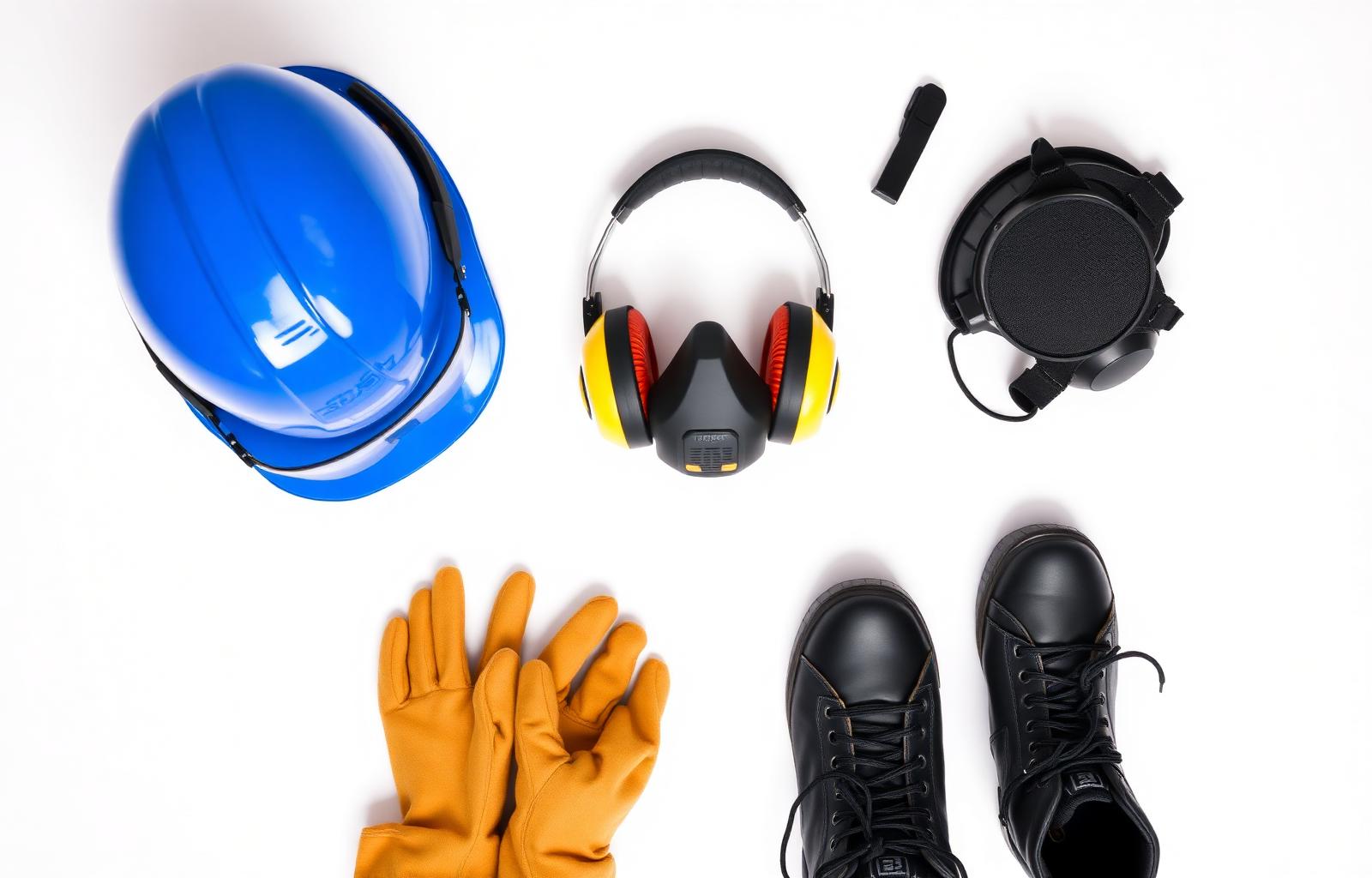 Industrial PPE collection — helmet, goggles, gloves and boots